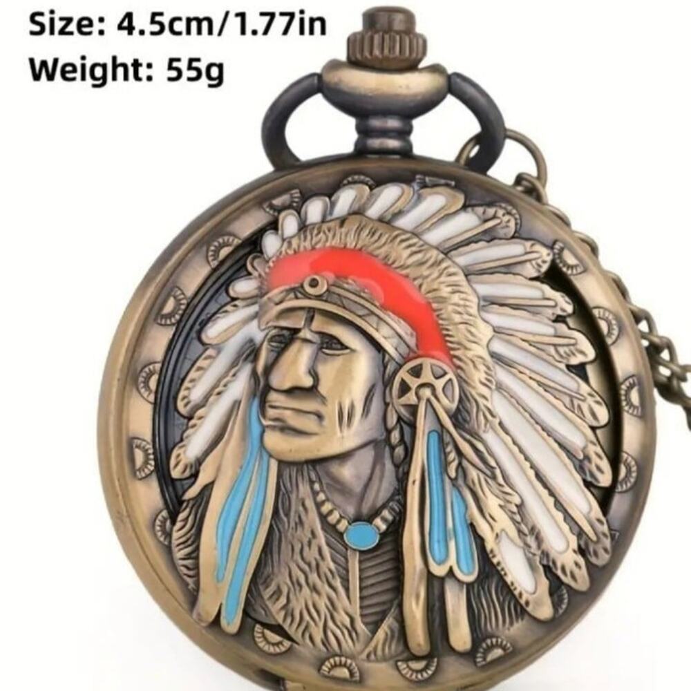 Native American Pocket Watch Gold Indian Chief Turquoise Christmas Birthday Gift